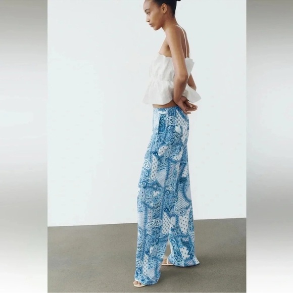 ZARA PAISLEY PRINT BLUE WHITE WIDE LEG PANTS - Picture 4 of 8